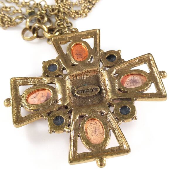 Chico's Maltese Cross Pendant Necklace, Orange Cabochons, Rhinestone, 35" Chain - Picture 9 of 11